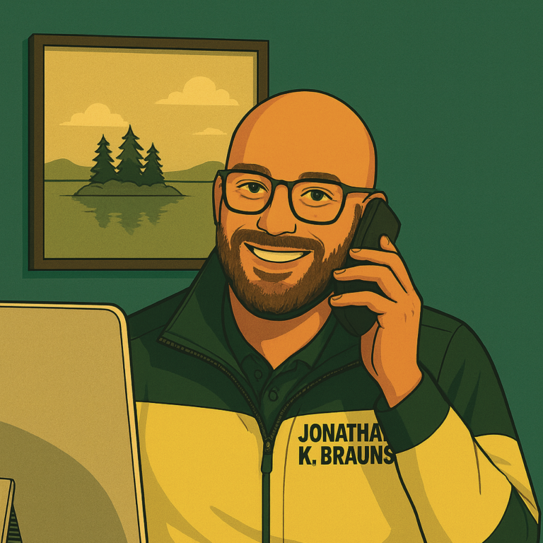 Mann mit Brille und Glatze, telefoniert, trägt eine Jacke mit Namen, lächelt freundlich.