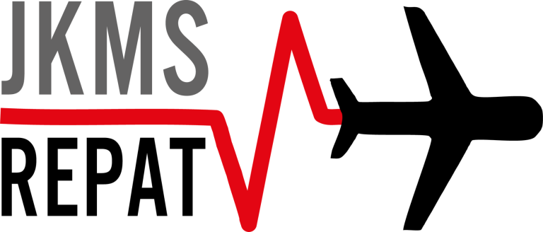 Logo mit Flugzeug-Symbol und rotem Herzschlag unter dem Text "JKMS REPAT".