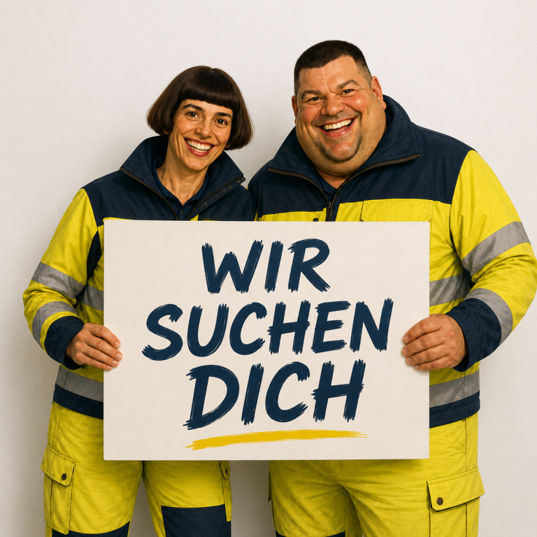 Mann in Arbeitskleidung hält ein Schild mit der Aufschrift „WIR SUCHEN DICH!“.