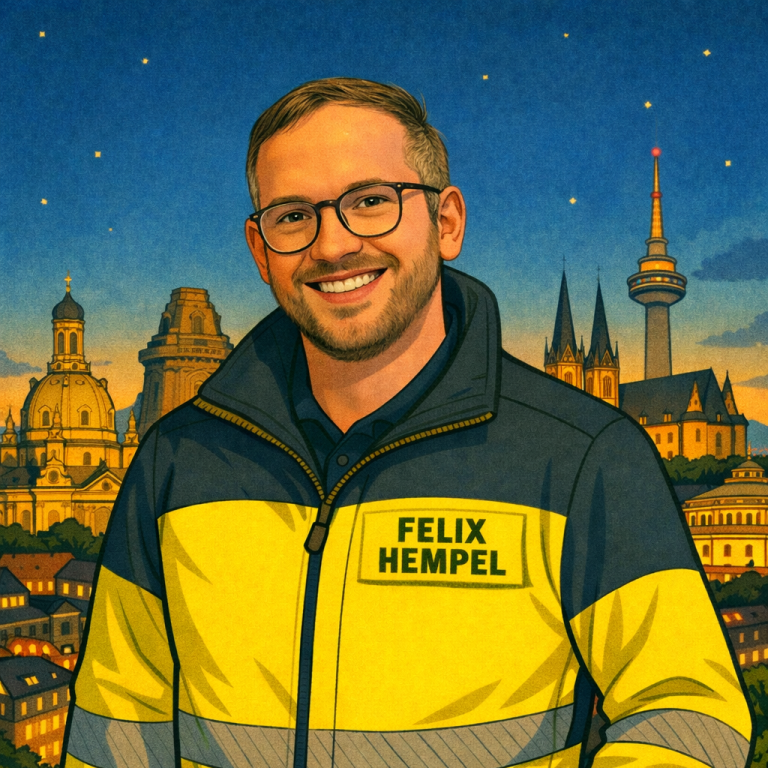 Mann mit Brille in gelber Warnjacke, lächelnd vor einer Stadtszene mit Fernsehturm.