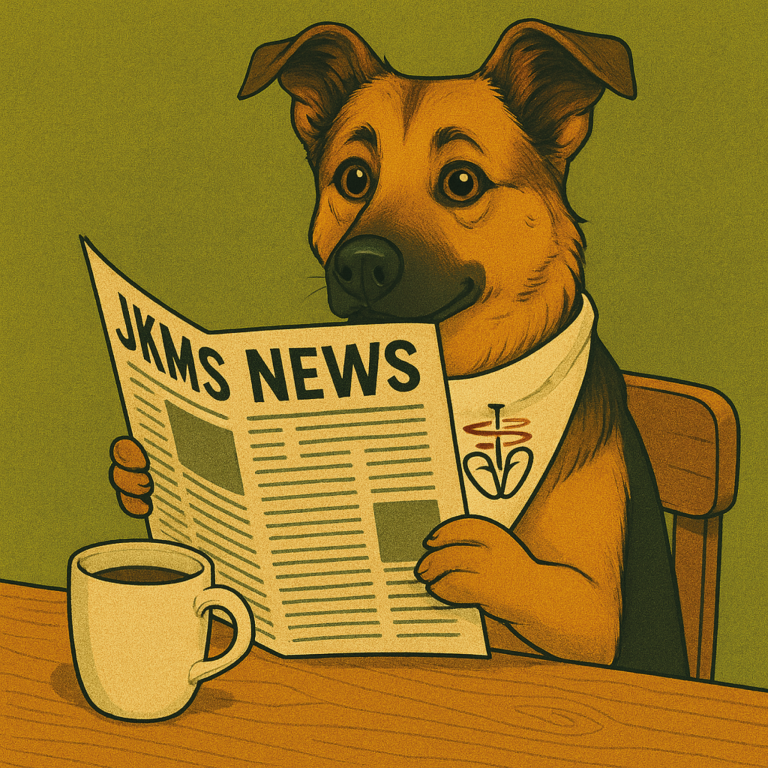 Ein Hund sitzt am Tisch und liest die Zeitung, neben ihm eine Tasse Kaffee.