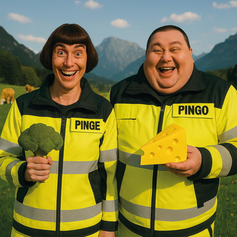 Zwei fröhliche Personen in reflektierenden Jacken halten Brokkoli und einen Käsestück.