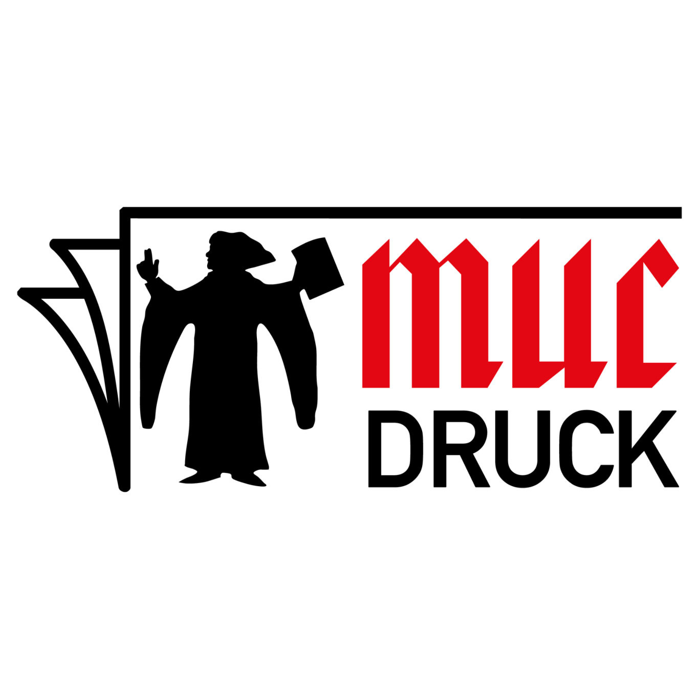 Logo von MUC DRUCK mit einer stilisierten Figur und Druckmaterialien.
