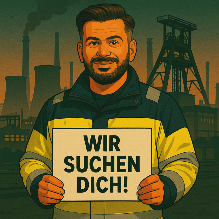 Mann in Arbeitskleidung hält ein Schild mit der Aufschrift „WIR SUCHEN DICH!“.